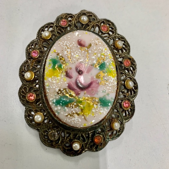 Vintage Jewelry - Vintage Oval Floral Hand-Painted Flower Cameo Pendant Pin Brooch Silver Tone